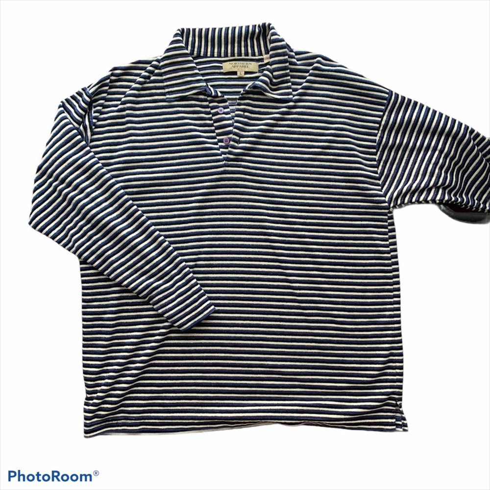Blue white and black striped terry cloth shirt